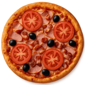Pizza Jamón,tocino, tomate, aceitunas