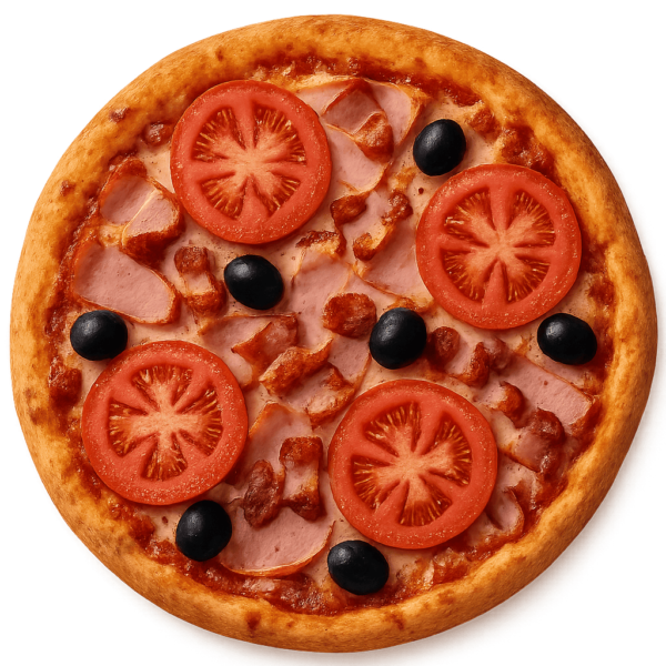 Pizza Jamón,tocino, tomate, aceitunas