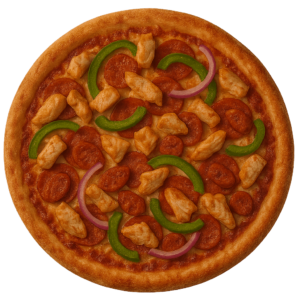 Pizza de pollo, chorizo, pimiento y cebolla