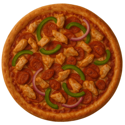 Pizza de pollo, chorizo, pimiento y cebolla