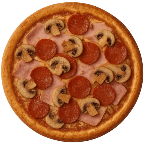 Pizza de Jamón, peperoni y champiñones