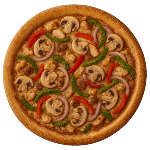 Pizza de Pollo, champiñones, pimiento, cebolla