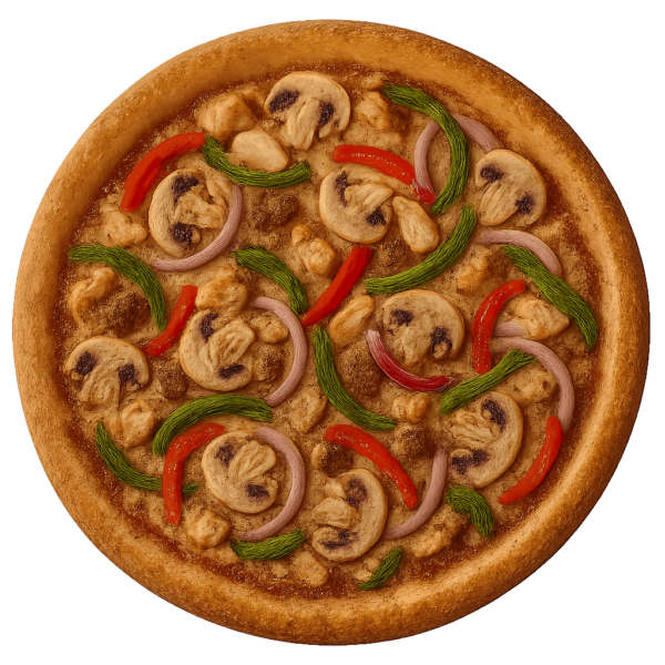 Pizza de Pollo, champiñones, pimiento, cebolla